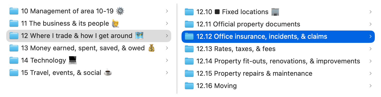 A Finder window showing the Small Business System. Category 12 is expanded and shows the ID '12.12 Office insurance, incidents, & claims'.